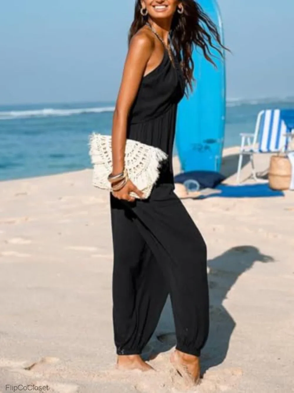 Women's Plunge Halter Sleeveless Pleated Long Romper Knit Jogger Maxi Jumpsuit